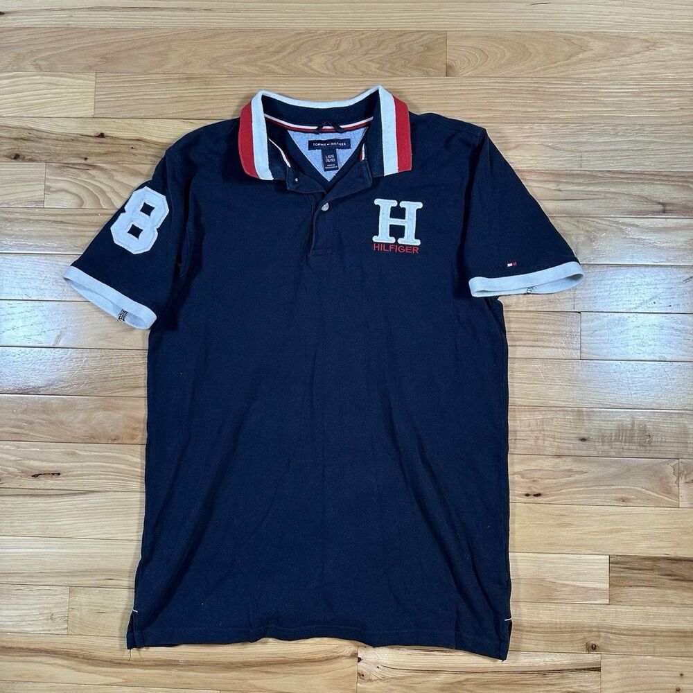 Tommy Hilfiger Polo Boys L 16/18 Big Logo Blue Rugby Style Y2K #8 Sleeve